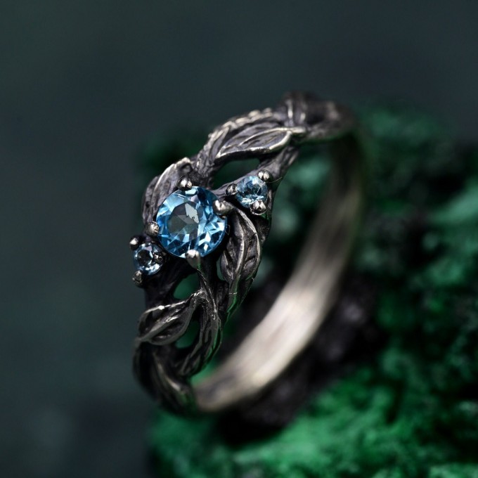 Whispering Leaves: Gothic Blue Topaz Ring