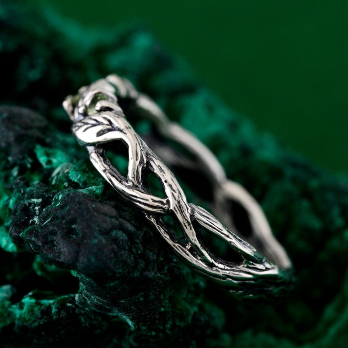 Peridot Engagement Ring with Celtic Wood Texture