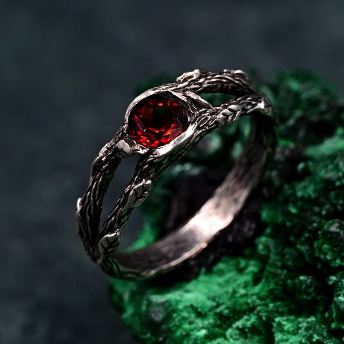 Unique Garnet Celtic Ring – Double Branch Design, Woodland Nature Engagement Ring in Alternative Fairy Style for Women