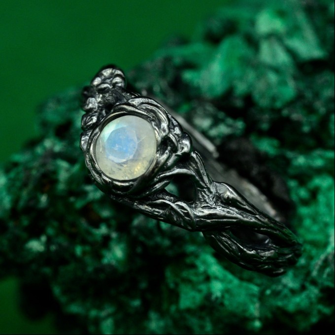 Moonstone Forest Branch Ring - Man’s Silver Vine Wedding Band with Unique Woodsy Texture