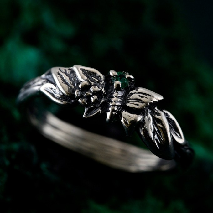 Unique Butterfly Engagement Ring – Nature-Inspired Design with Emerald, Twig Engagement Ring in Sterling Silver