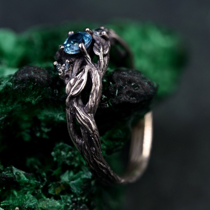 Whispering Leaves: Gothic Blue Topaz Ring