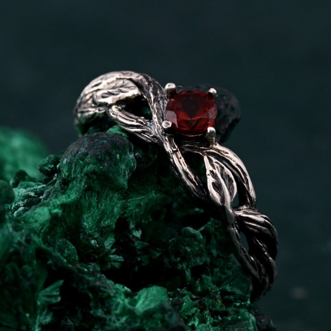 Leafy Branch with Garnet Ring – Nature-Inspired Silver Twig Jewelry
