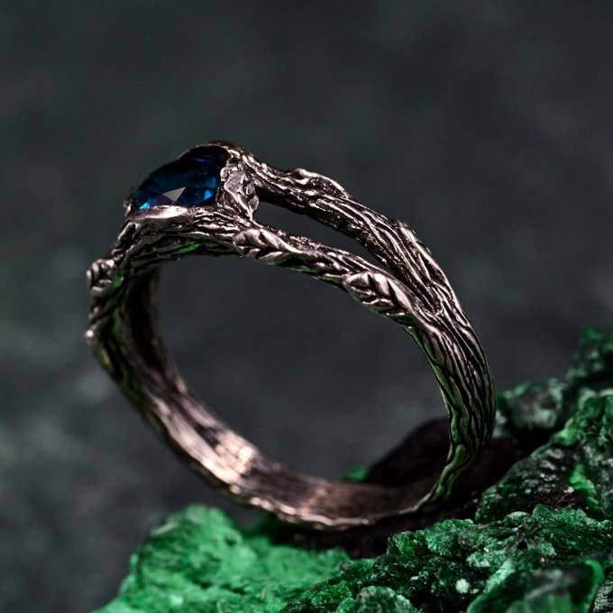 Enchanting Unique London Blue Topaz Celtic Ring - Double Branch Design