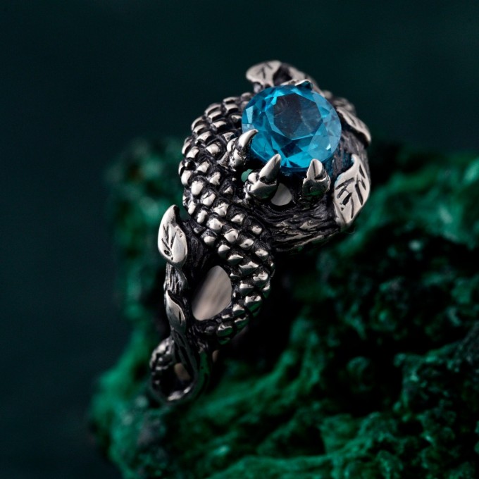 Azure Coil: Gothic Snake Ring with Blue Topaz
