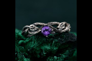 Leafy Branch with Amethyst Ring, Branch Ring, Leafy Twig Ring, Ring Silver Twig, Nature's Gemstone Adornment Ring, Christmas Gift