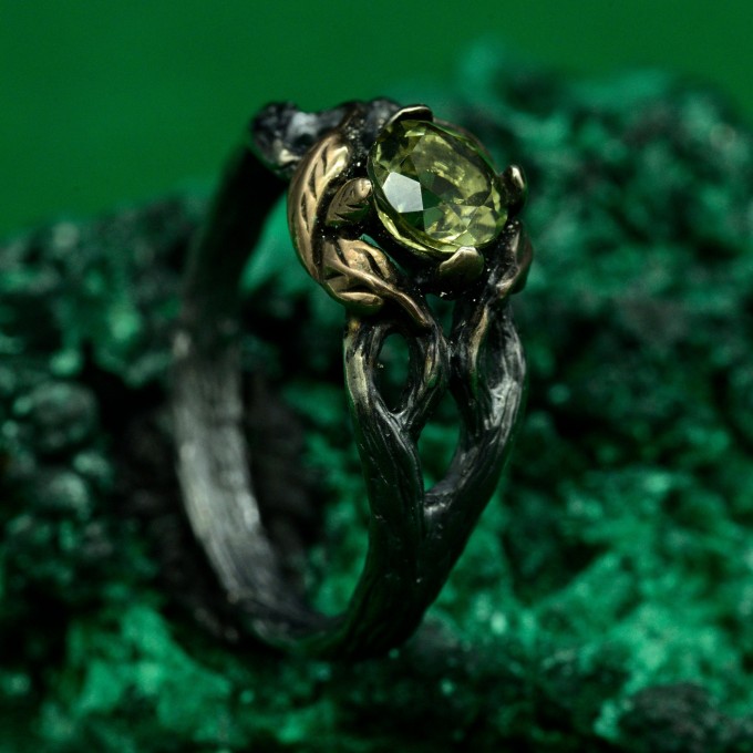 Mystical Forest Ring with Peridot and Leafy Blossom Design
