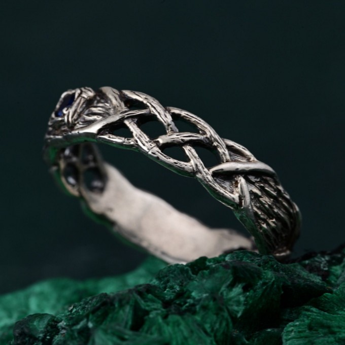 Celtic Pattern Wedding Band with Sapphire - Unique Tree Bark Texture Ring for Couples