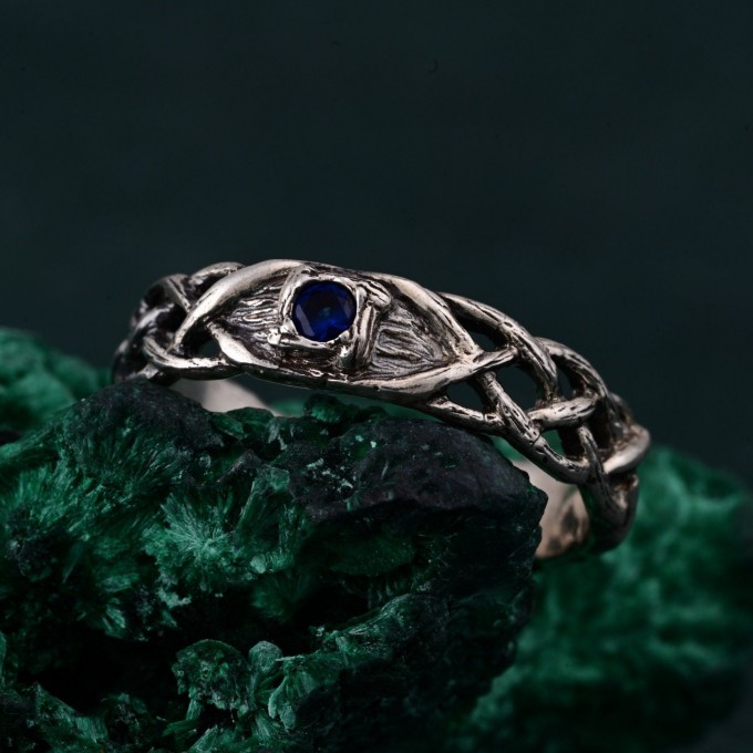 Celtic Pattern Sapphire Wedding Band - Wide Vintage Style Tree Bark Design for Couples