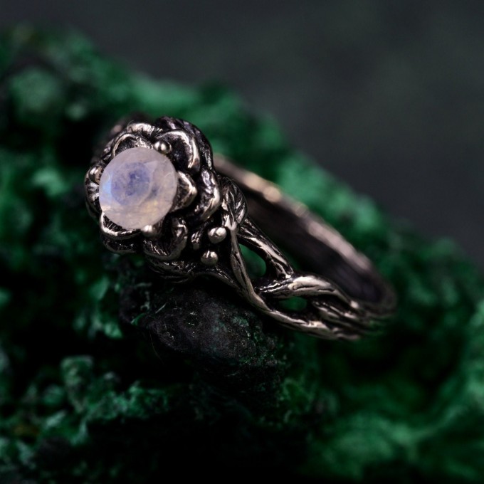 Bohemian Moonstone Lotus Ring - Unique Botanical Design