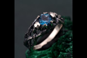 Gothic London Blue Topaz Engagement Ring, Men's Skull Band, Enchanted Forest Wedding Ring, Vintage Style Silver Jewelry