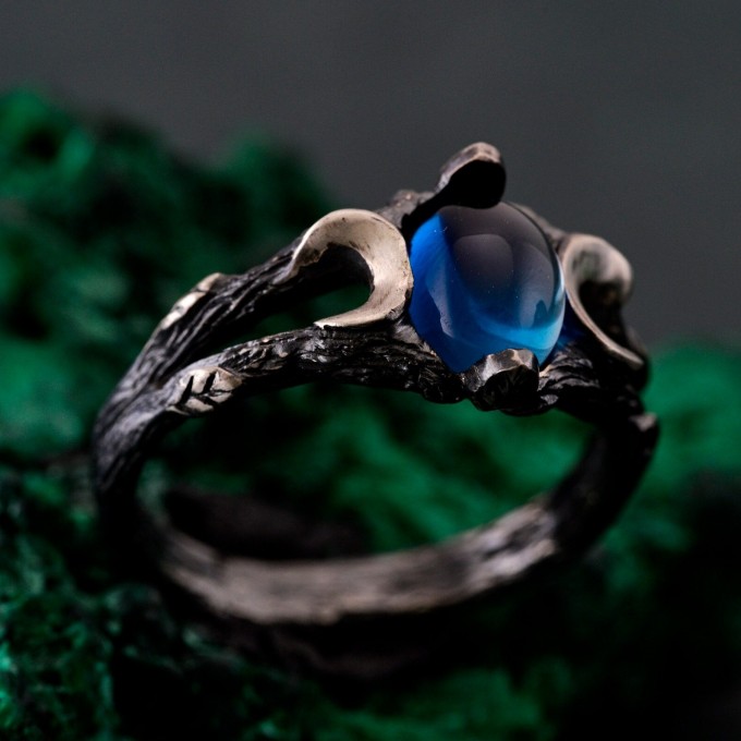 Silver Moon Phase Ring with Blue Gemstone: Enchanted Forest Bohemian Wedding Band