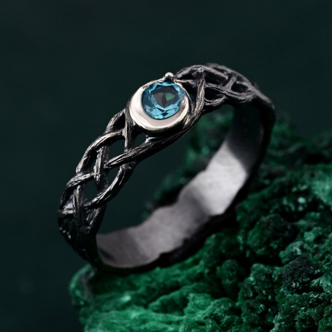 Silver Moon Topaz Ring: Mystical Celestial Blue Gemstone Band